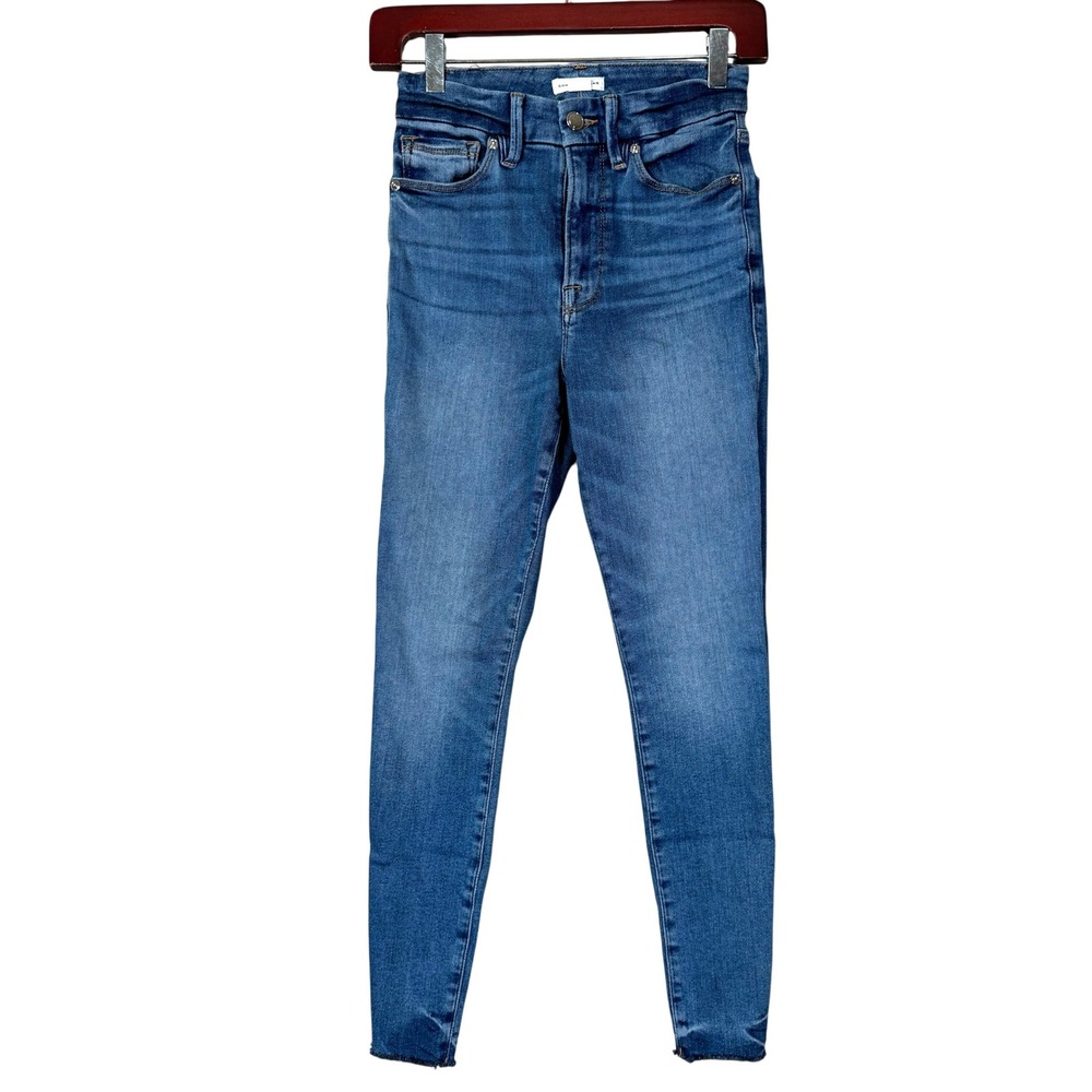 Good American‎ Jeggings Womens 00-4 Blue Medium Wash Skinny High Rise Raw Hem